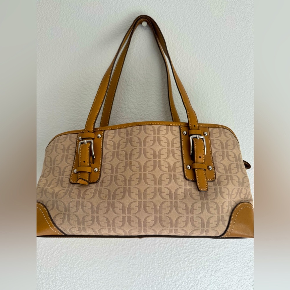 FOSSIL Signature canvas shoulder bag leather trim barrel purse tan satchel